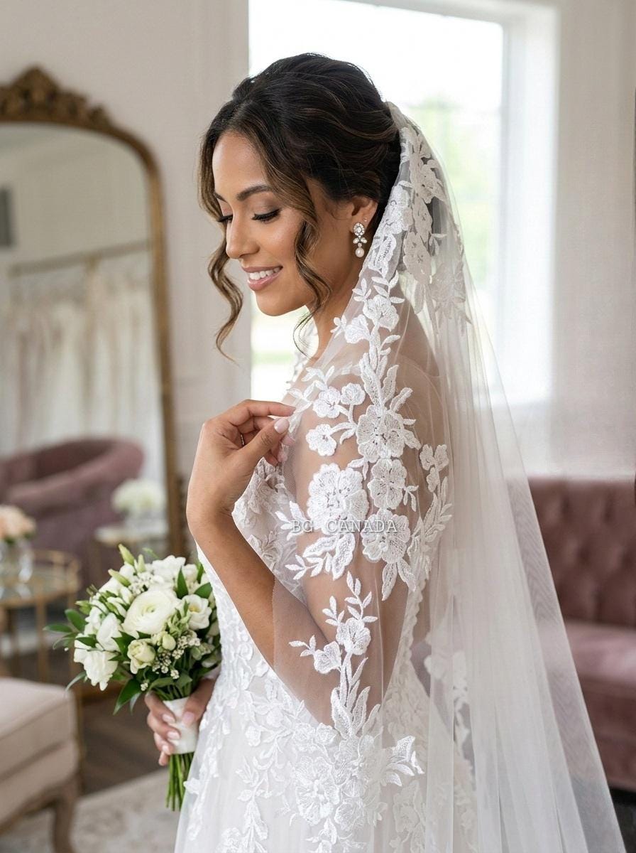 Floral Lace Mantilla Cathedral Veil with Hidden Comb, Spanish Inspired Bridal Headpiece, wedding tulle ivory or white