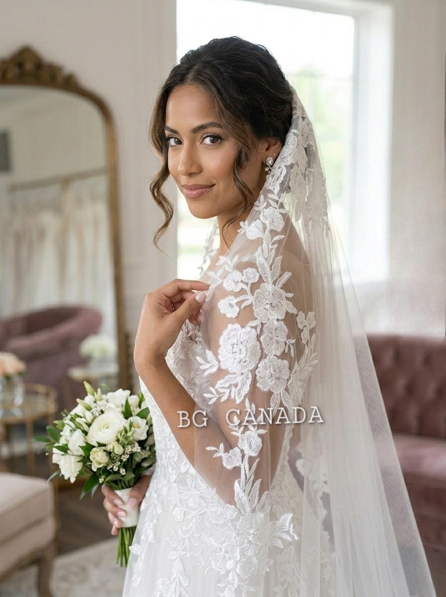 Floral Lace Mantilla Cathedral Veil with Hidden Comb, Spanish Inspired Bridal Headpiece, wedding tulle ivory or white