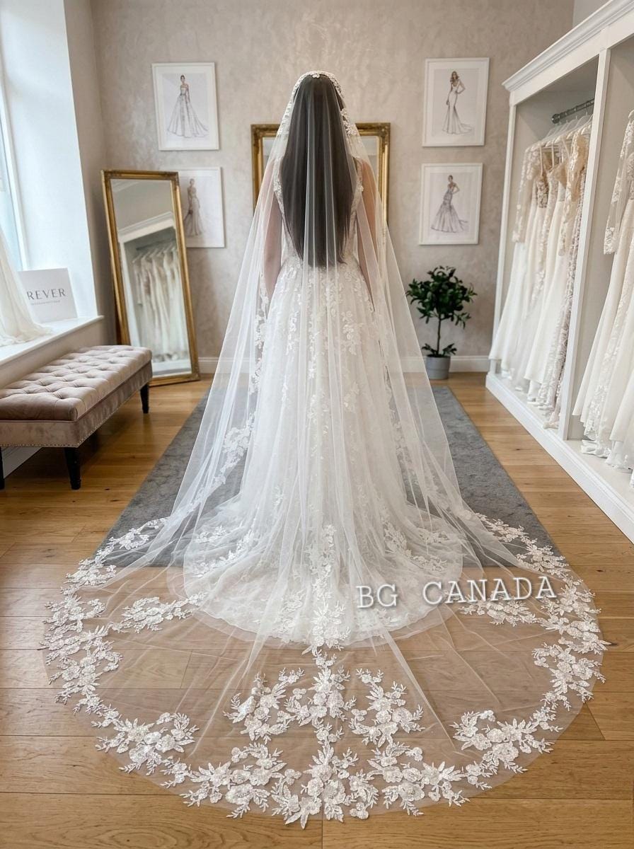 Floral Lace Mantilla Cathedral Veil with Hidden Comb, Spanish Inspired Bridal Headpiece, wedding tulle ivory or white