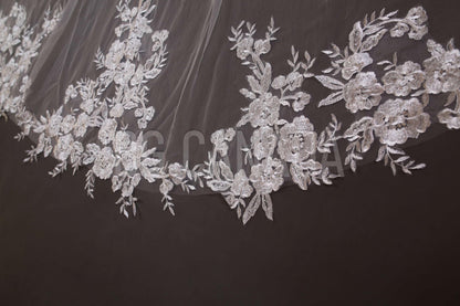 Floral Lace Mantilla Cathedral Veil with Hidden Comb, Spanish Inspired Bridal Headpiece, wedding tulle ivory or white