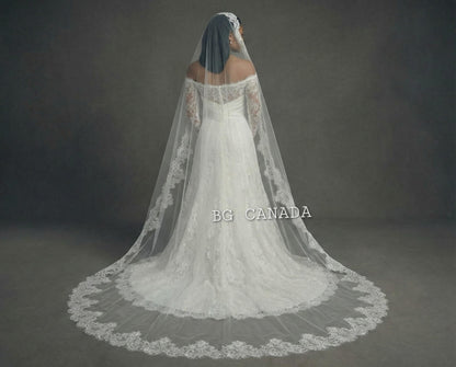 Cathedral Mantilla Veil with Chantilly Trim Eyelash Edge Bridal Accessory Spanish Style Ivory Wedding Headpiece