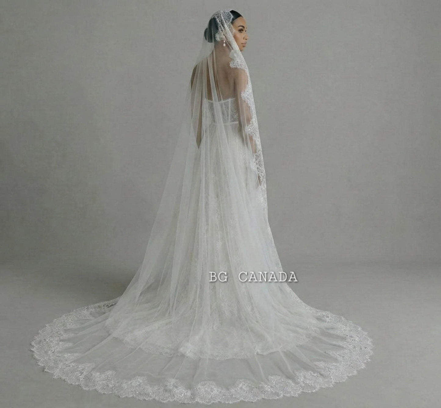 Lace Mantilla Wedding Veil – Scalloped Chantilly eyelash Lace (White, Off White, Ivory)