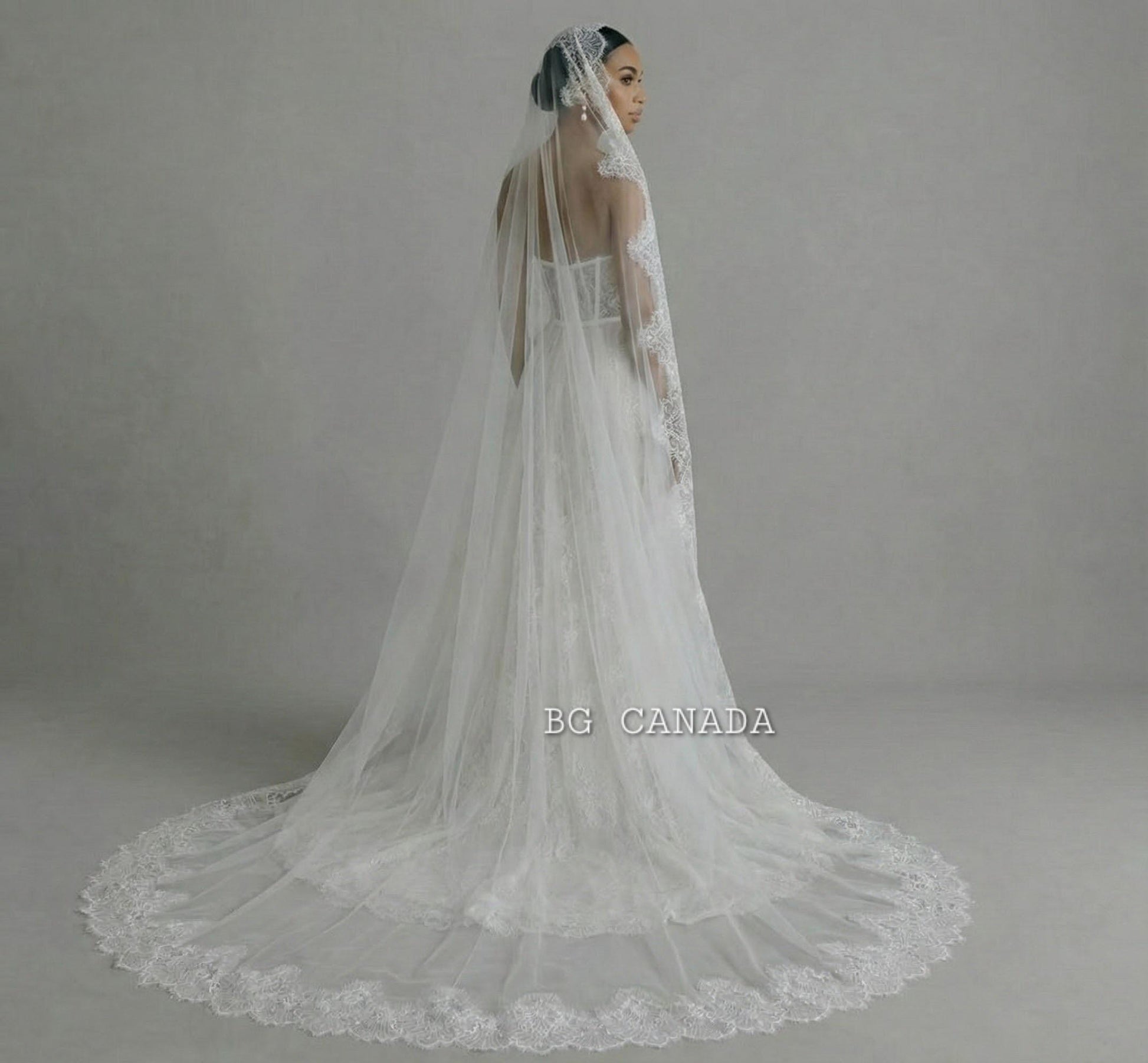 Lace Mantilla Wedding Veil – Scalloped Chantilly eyelash Lace (White, Off White, Ivory)