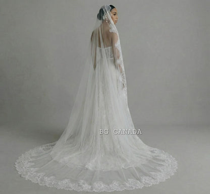 Lace Mantilla Wedding Veil – Scalloped Chantilly eyelash Lace (White, Off White, Ivory)