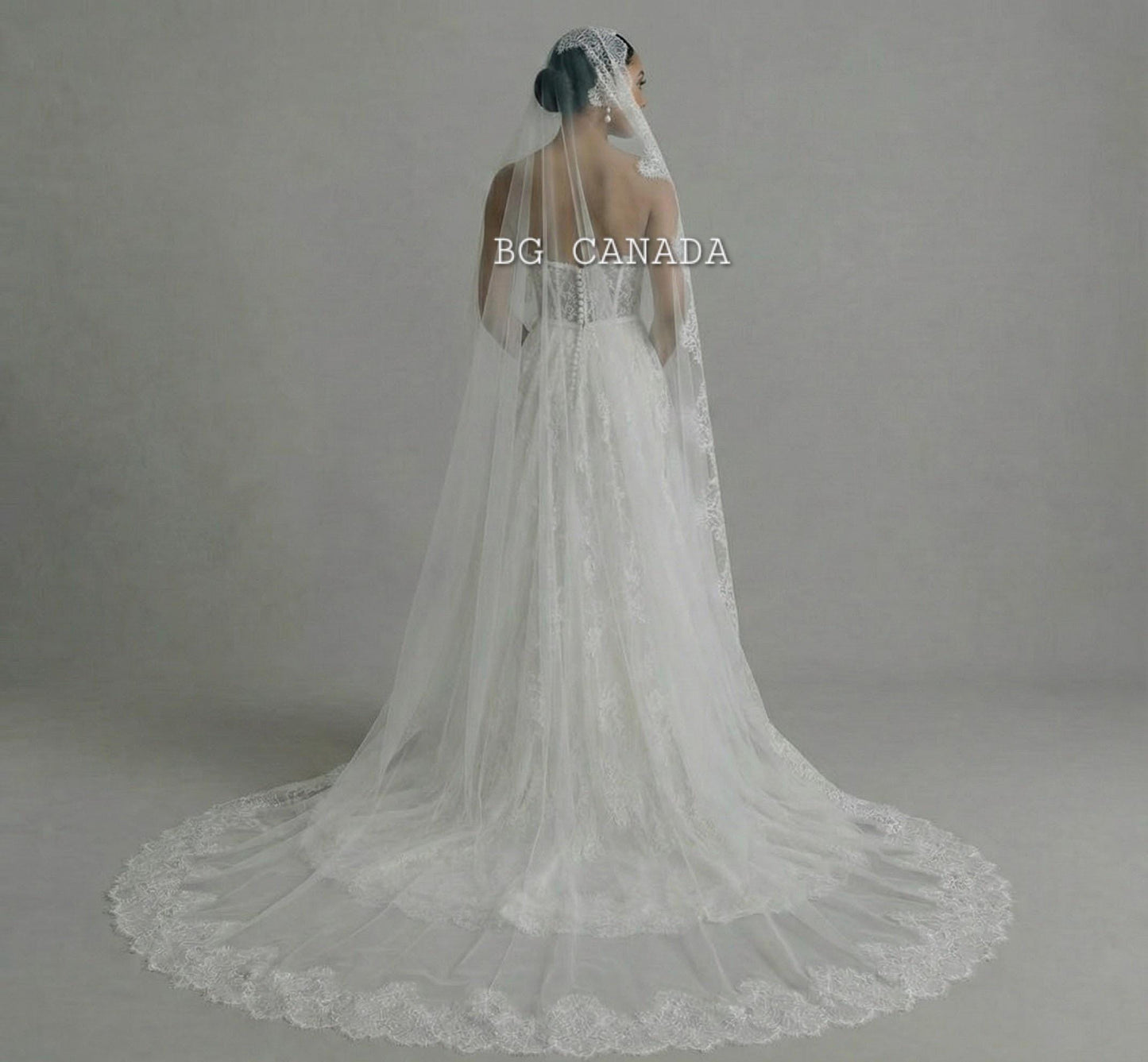 Lace Mantilla Wedding Veil – Scalloped Chantilly eyelash Lace (White, Off White, Ivory)