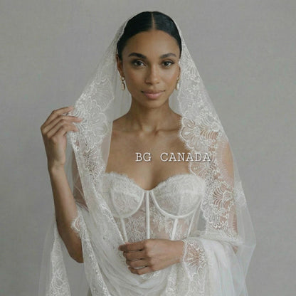 Lace Mantilla Wedding Veil – Scalloped Chantilly eyelash Lace (White, Off White, Ivory)