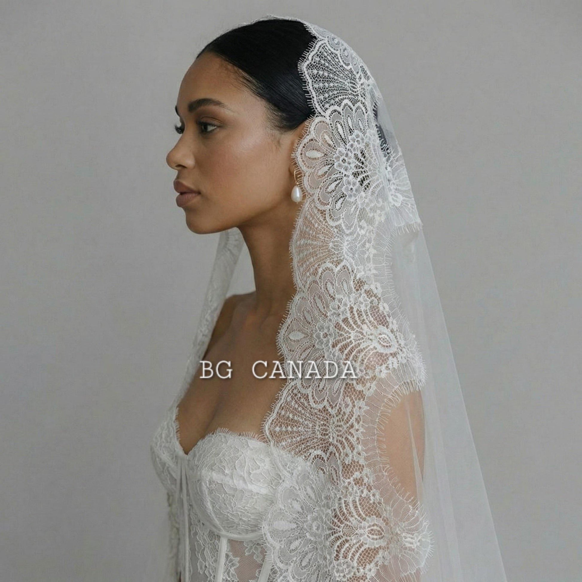 Lace Mantilla Wedding Veil – Scalloped Chantilly eyelash Lace (White, Off White, Ivory)