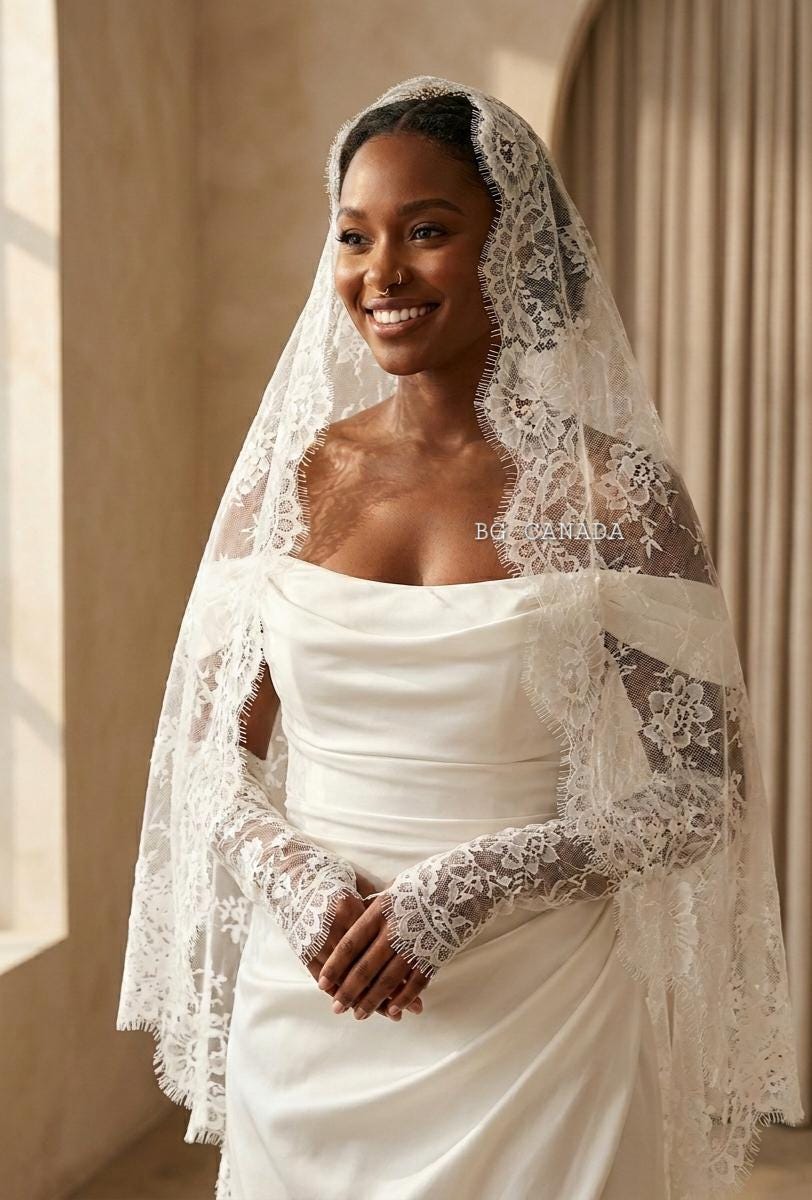Chantilly Mantilla with Eyelash Lace Border, Floral Tulle Bridal Headpiece, Spanish-Inspired Long Wedding Accessory