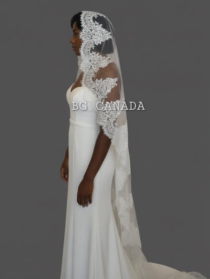 Cathedral Mantilla Veil, Eyelash Lace Trim, Soft Tulle Bridal Headpiece, Scalloped Lace