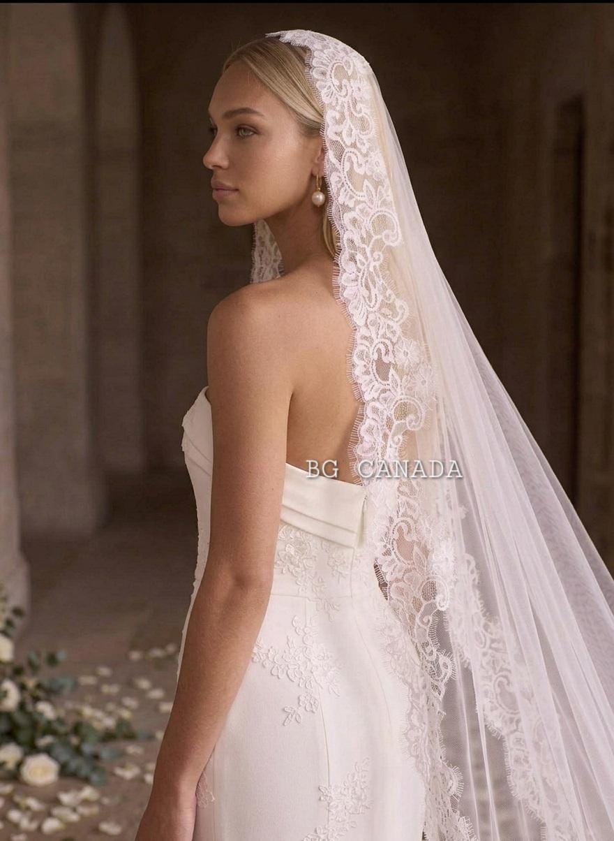 Cathedral Mantilla Veil with Chantilly Trim Eyelash Edge Bridal Accessory Spanish Style Ivory Wedding Headpiece