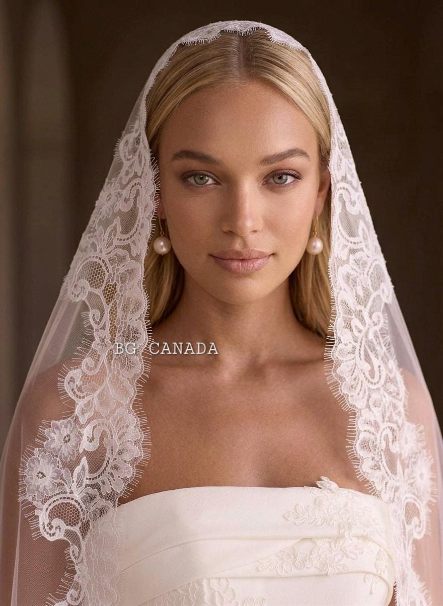 Cathedral Mantilla Veil with Chantilly Trim Eyelash Edge Bridal Accessory Spanish Style Ivory Wedding Headpiece