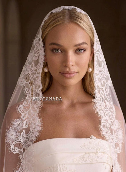 Cathedral Mantilla Veil with Chantilly Trim Eyelash Edge Bridal Accessory Spanish Style Ivory Wedding Headpiece