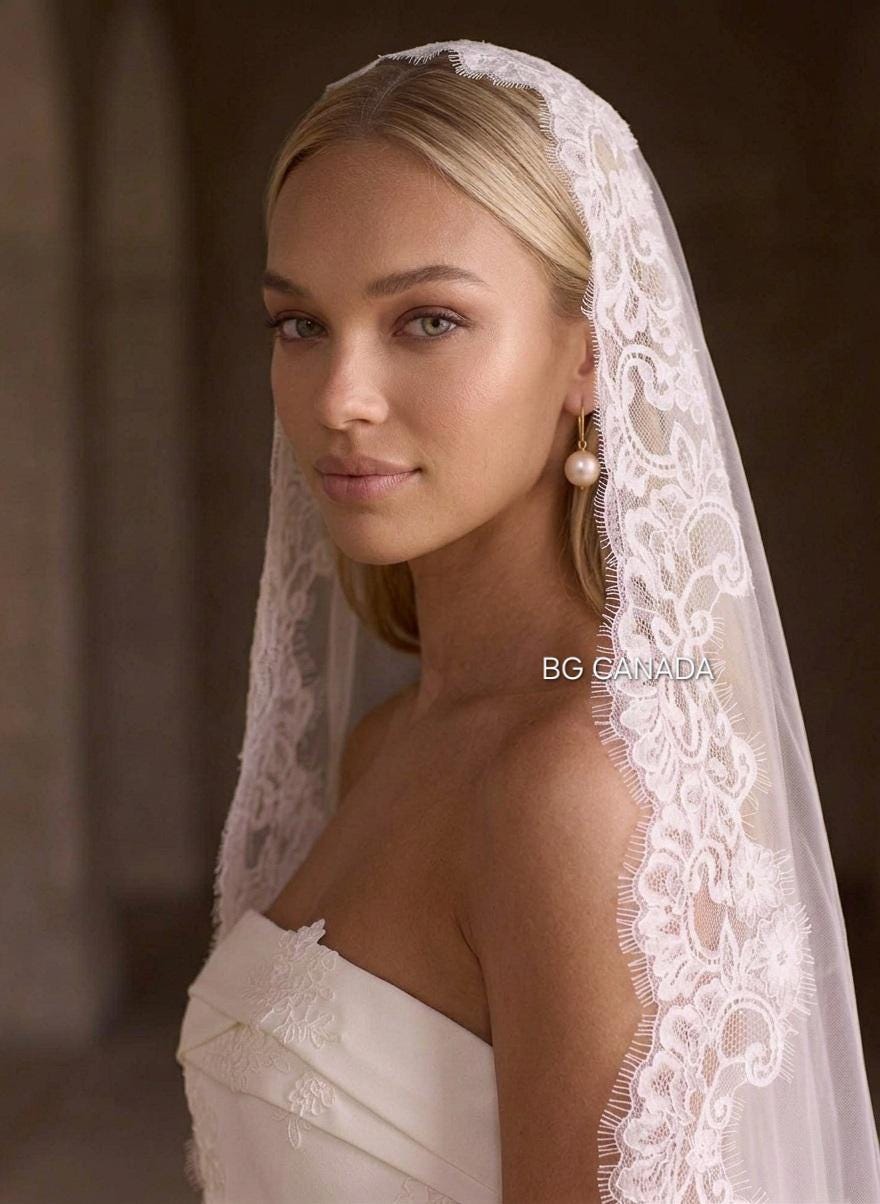 Cathedral Mantilla Veil with Chantilly Trim Eyelash Edge Bridal Accessory Spanish Style Ivory Wedding Headpiece