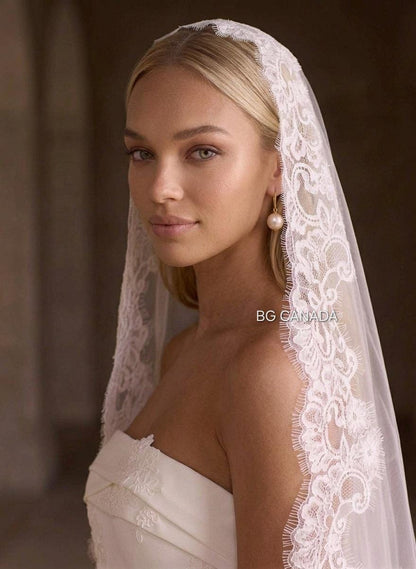 Cathedral Mantilla Veil with Chantilly Trim Eyelash Edge Bridal Accessory Spanish Style Ivory Wedding Headpiece
