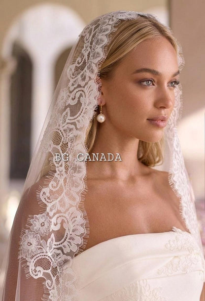 Cathedral Mantilla Veil with Chantilly Trim Eyelash Edge Bridal Accessory Spanish Style Ivory Wedding Headpiece