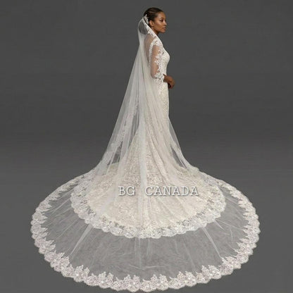 Extra Wide Chantilly Lace Mantilla Veil with Eyelash Trim – White Spanish Style Wedding Veil, Romantic Cathedral Bridal Veil