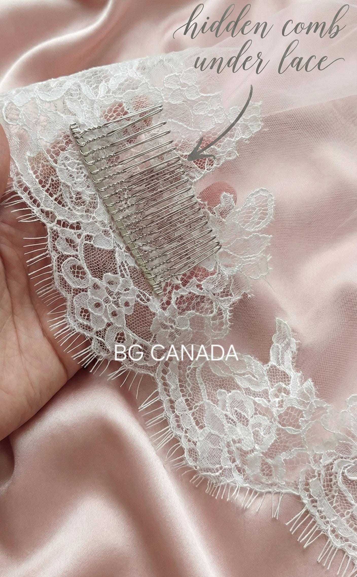 Extra Wide Chantilly Lace Mantilla Veil with Eyelash Trim – White Spanish Style Wedding Veil, Romantic Cathedral Bridal Veil