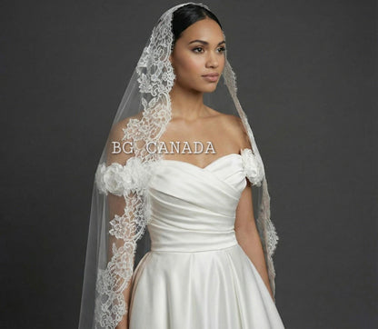 Extra Wide Chantilly Lace Mantilla Veil with Eyelash Trim – White Spanish Style Wedding Veil, Romantic Cathedral Bridal Veil