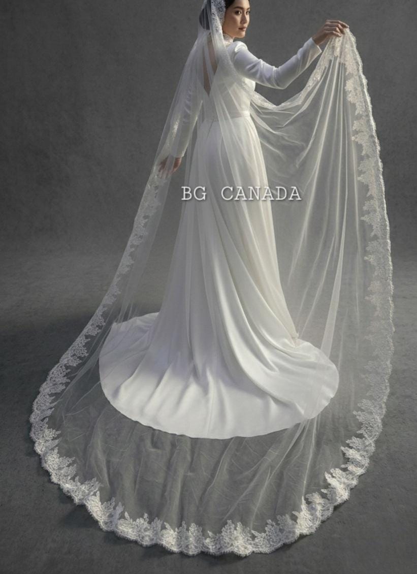 Extra Wide Chantilly Lace Mantilla Veil with Eyelash Trim – White Spanish Style Wedding Veil, Romantic Cathedral Bridal Veil