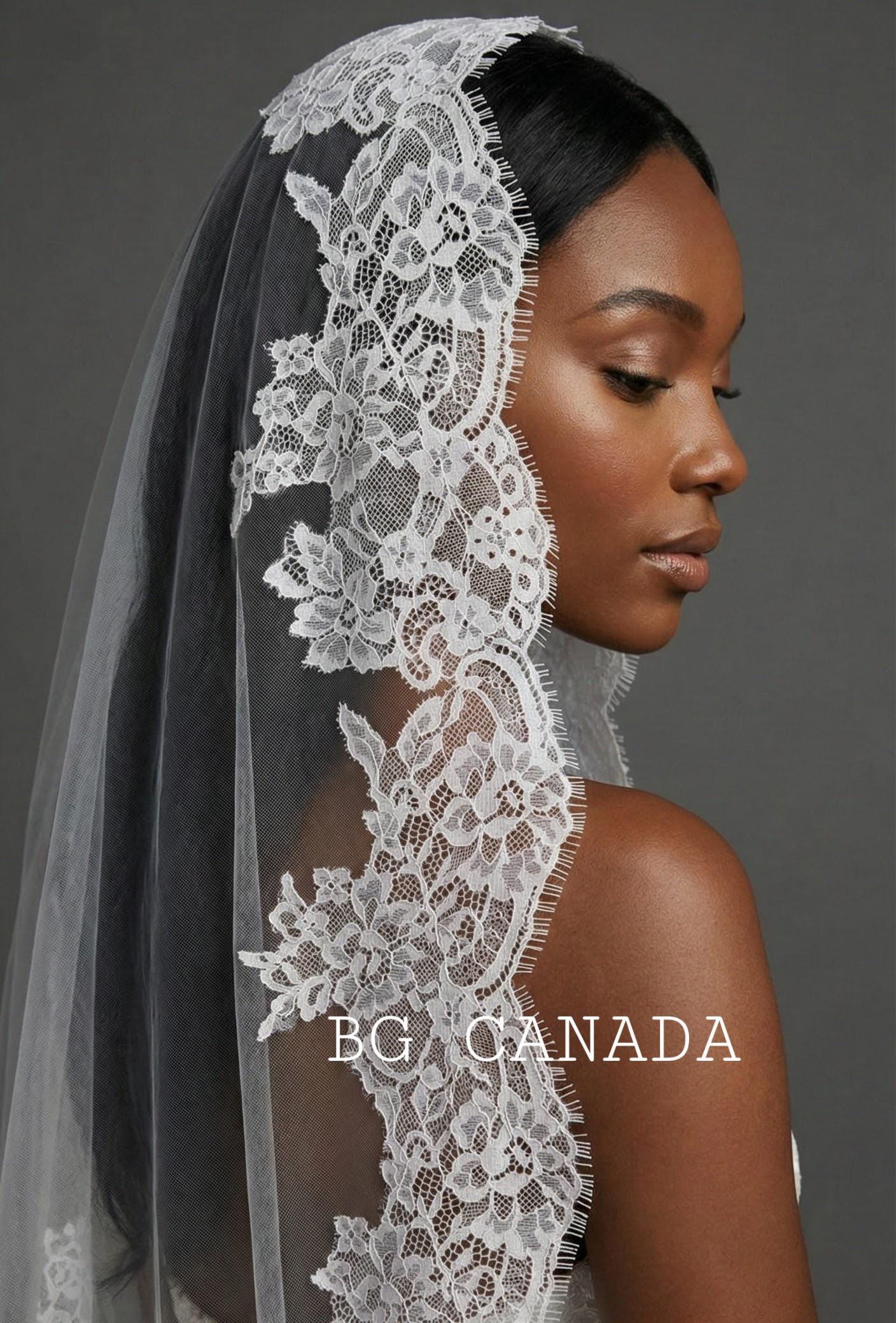 Extra Wide Chantilly Lace Mantilla Veil with Eyelash Trim – White Spanish Style Wedding Veil, Romantic Cathedral Bridal Veil