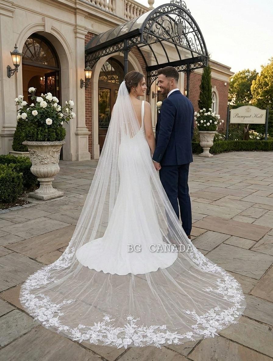 Pearl veil pearl Floral wedding veil long veil Lace Wedding Veil Cathedral wedding veil with pearls Ivory White