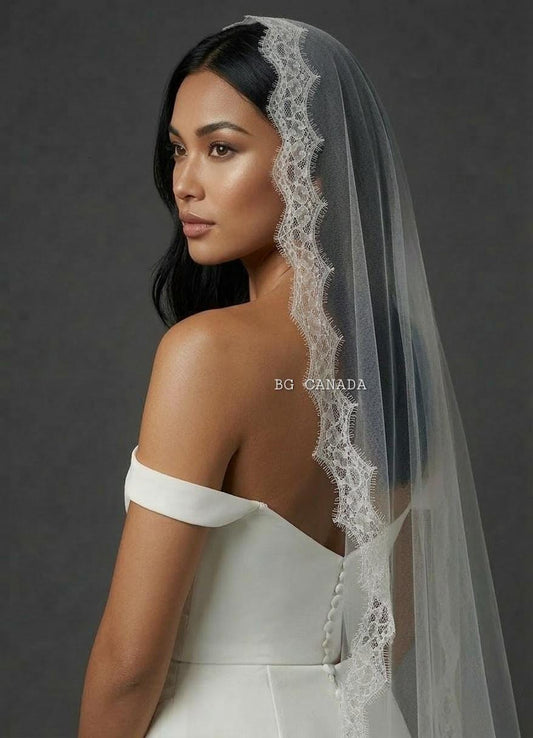 Chantilly Lace Mantilla Veil Eyelash Lace Cathedral Veil Spanish Wedding Veil Soft French Lace Bridal Veil Handmade