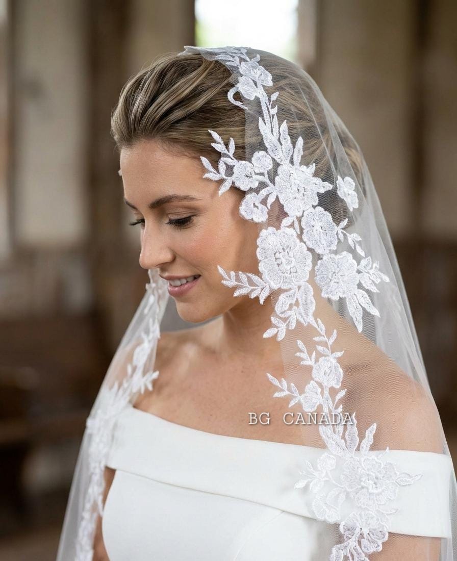 Floral Lace Mantilla Cathedral Veil with Hidden Comb, Spanish Inspired Bridal Headpiece, wedding tulle ivory or white