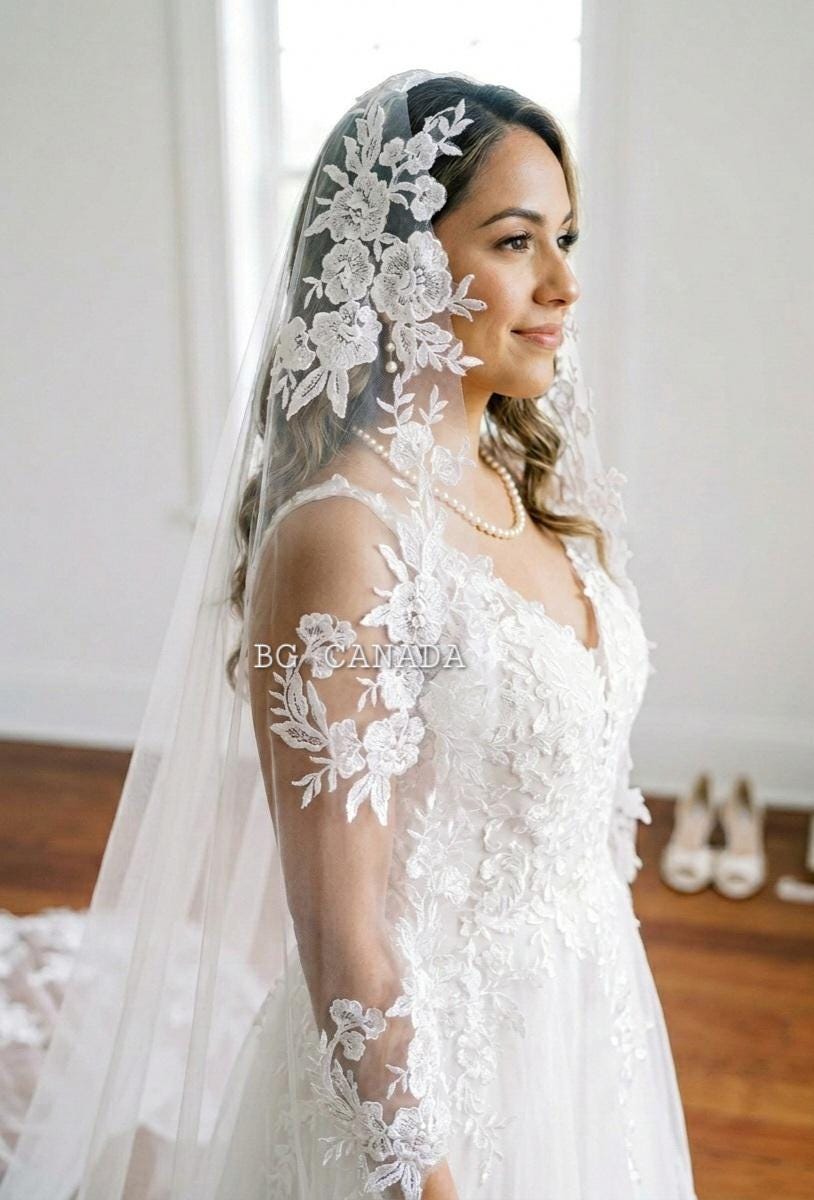 Floral Lace Mantilla Cathedral Veil with Hidden Comb, Spanish Inspired Bridal Headpiece, wedding tulle ivory or white