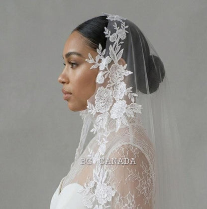 Floral Lace Mantilla Cathedral Veil with Hidden Comb, Spanish Inspired Bridal Headpiece, wedding tulle ivory or white