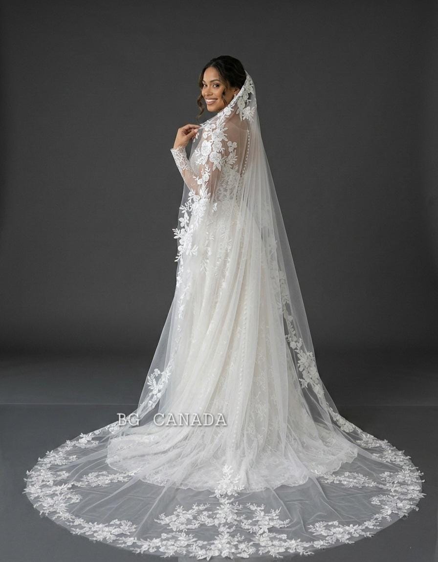 Floral Lace Mantilla Cathedral Veil with Hidden Comb, Spanish Inspired Bridal Headpiece, wedding tulle ivory or white