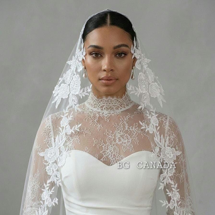 Floral Lace Mantilla Cathedral Veil with Hidden Comb, Spanish Inspired Bridal Headpiece, wedding tulle ivory or white