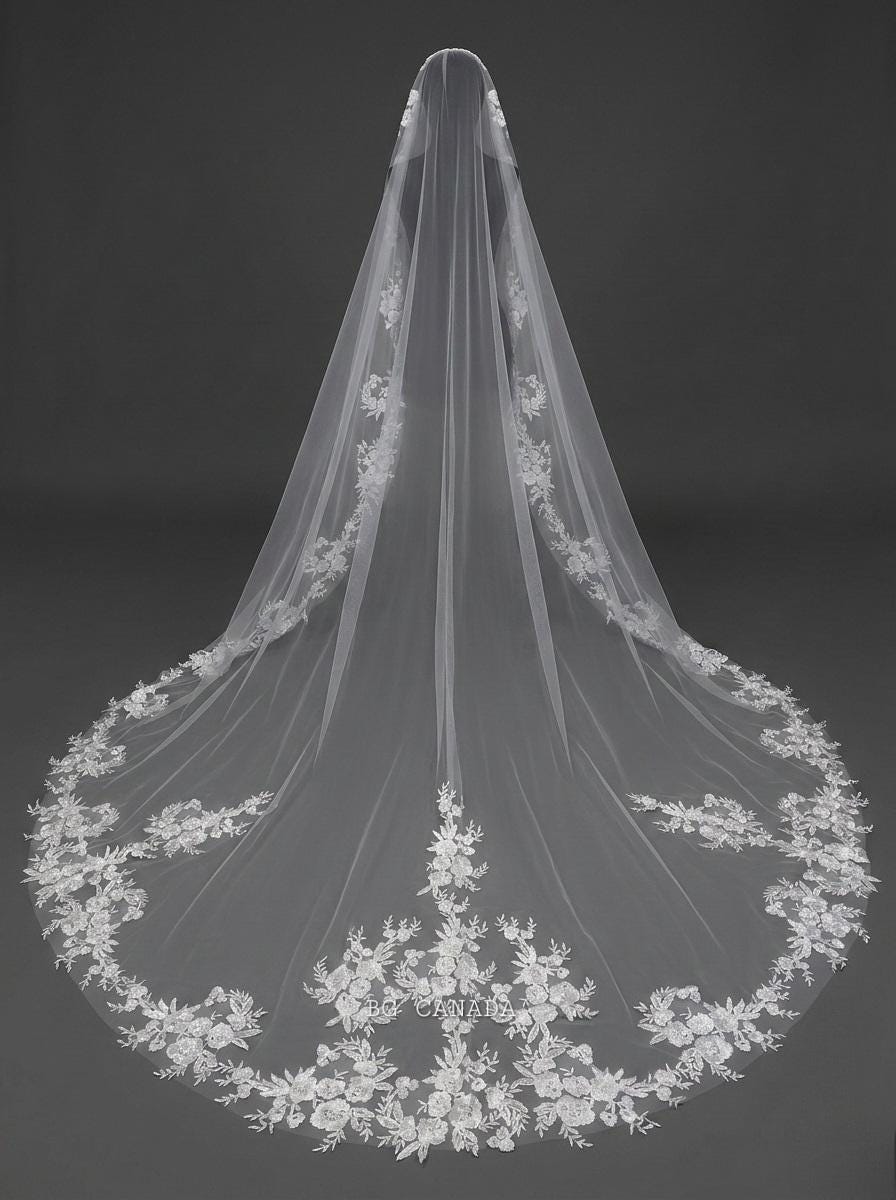 Floral Lace Mantilla Cathedral Veil with Hidden Comb, Spanish Inspired Bridal Headpiece, wedding tulle ivory or white