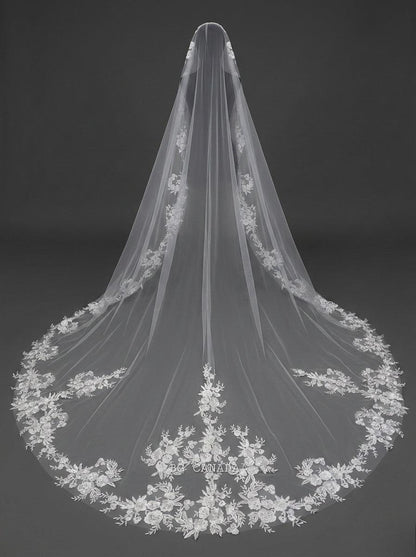 Floral Lace Mantilla Cathedral Veil with Hidden Comb, Spanish Inspired Bridal Headpiece, wedding tulle ivory or white