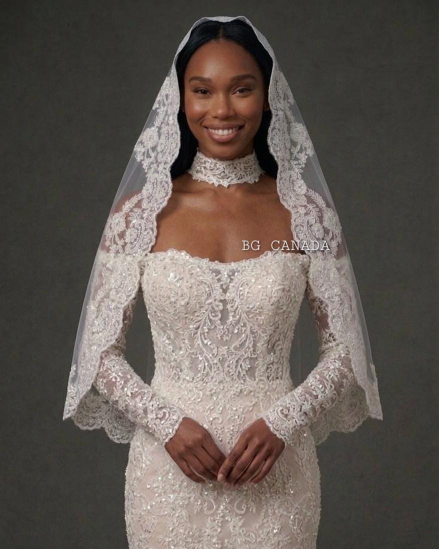 Handmade Lace Edge Veil Mantilla Style Wedding Accessory Cathedral, Chapel, Fingertip Spanish Tulle with hidden Comb Romantic Bridal wear