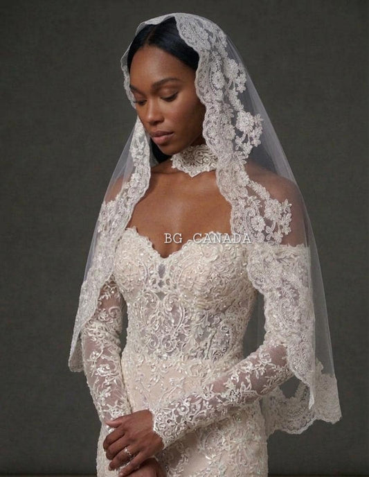Handmade Lace Edge Veil Mantilla Style Wedding Accessory Cathedral, Chapel, Fingertip Spanish Tulle with hidden Comb Romantic Bridal wear