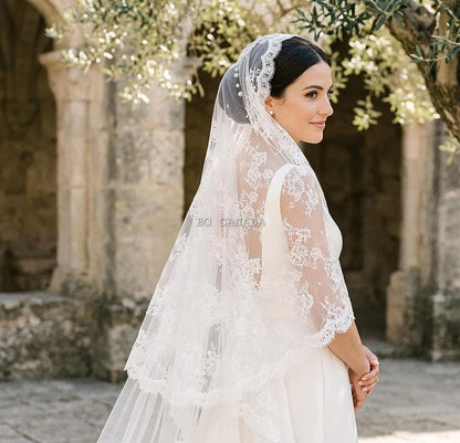 Lace Mantilla Wedding Veil, Chantilly Lace Cathedral Veil, Floral Eyelash Lace Bridal Veil, Soft Tulle Mantilla Veil, Ivory One Tier Veil