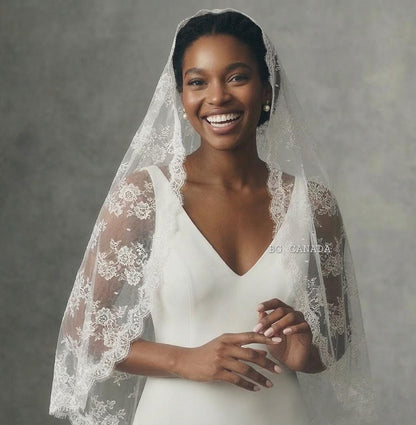 Lace Mantilla Wedding Veil, Chantilly Lace Cathedral Veil, Floral Eyelash Lace Bridal Veil, Soft Tulle Mantilla Veil, Ivory One Tier Veil
