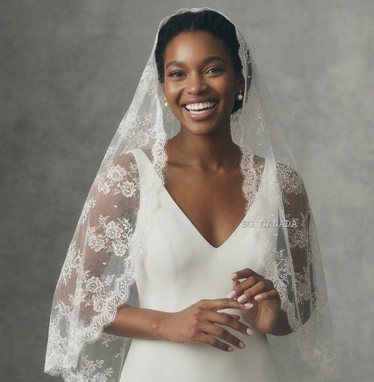Lace Mantilla Wedding Veil, Chantilly Lace Cathedral Veil, Floral Eyelash Lace Bridal Veil, Soft Tulle Mantilla Veil, Ivory One Tier Veil