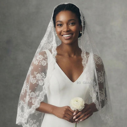 Lace Mantilla Wedding Veil, Chantilly Lace Cathedral Veil, Floral Eyelash Lace Bridal Veil, Soft Tulle Mantilla Veil, Ivory One Tier Veil