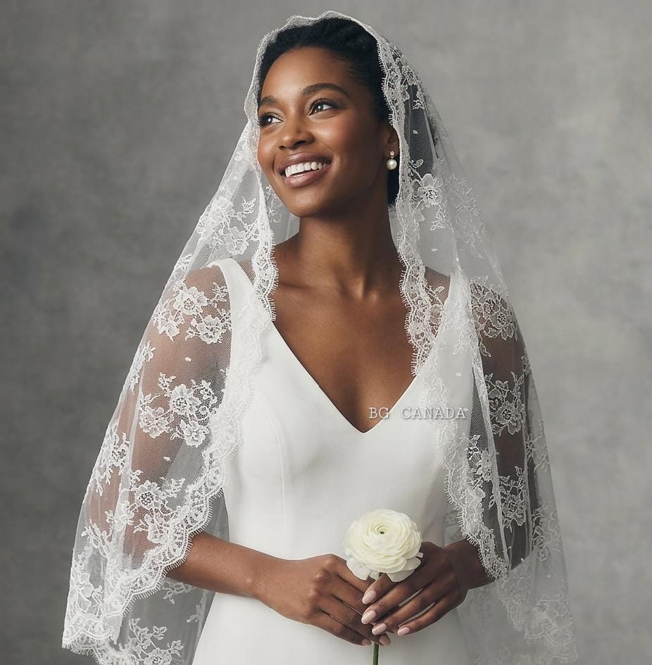Lace Mantilla Wedding Veil, Chantilly Lace Cathedral Veil, Floral Eyelash Lace Bridal Veil, Soft Tulle Mantilla Veil, Ivory One Tier Veil