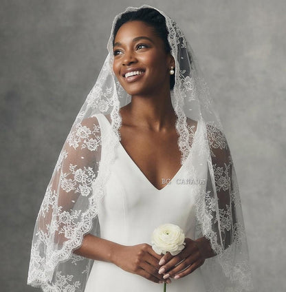 Lace Mantilla Wedding Veil, Chantilly Lace Cathedral Veil, Floral Eyelash Lace Bridal Veil, Soft Tulle Mantilla Veil, Ivory One Tier Veil