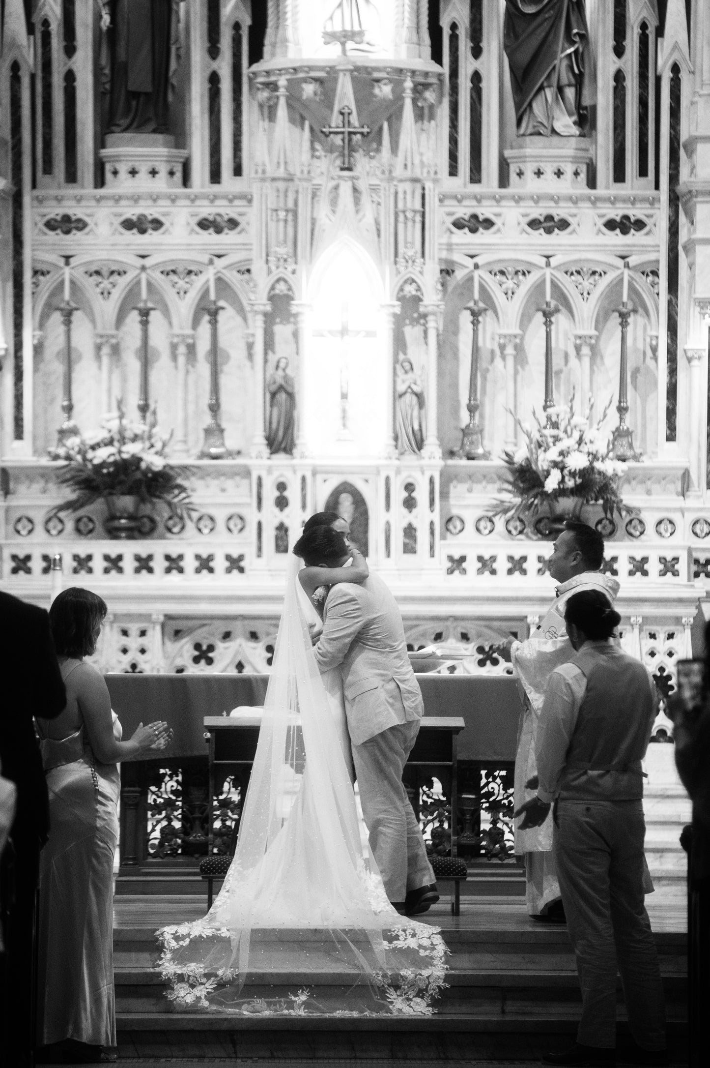 Cathedral Pearl Veil with Floral Cluster Lace Trim - Seraphina Pearl Blossom