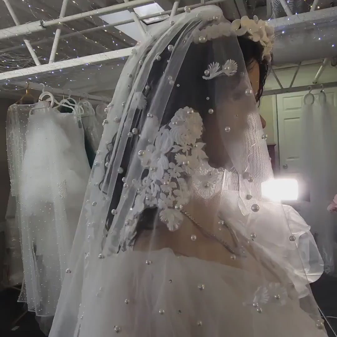 Lace veil pearl veil cathedral veil extra wide pearl veil luxury veil elegant pearl veil ivory veil with 3d flowers