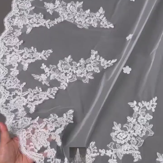 Long Lace Bridal Veil with Floral Appliqué | Scalloped Edge Wedding Veil with Pearls | Ivory Lace Veil for Bride