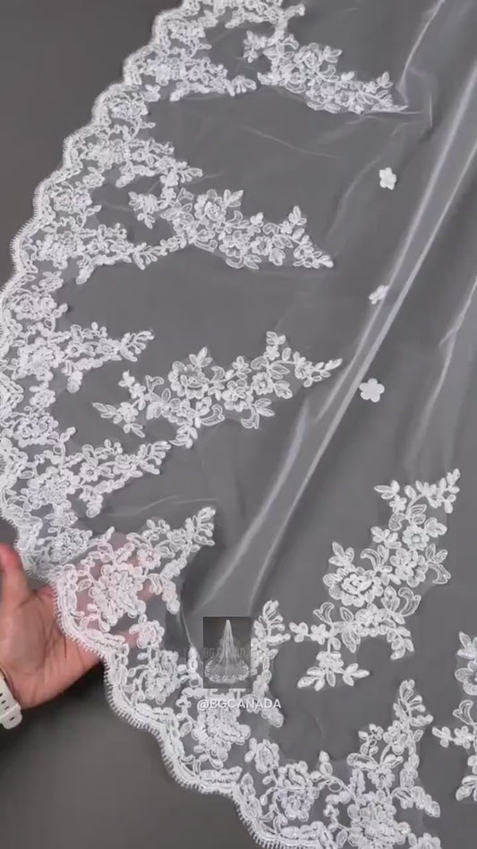 Long Lace Bridal Veil with Floral Appliqué | Scalloped Edge Wedding Veil with Pearls | Ivory Lace Veil for Bride