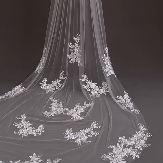 Chapel veil Scattered Floral Lace Cathedral length Veil illusion Bridal Tulle wedding veil with flower lace , White/Off White/Ivory