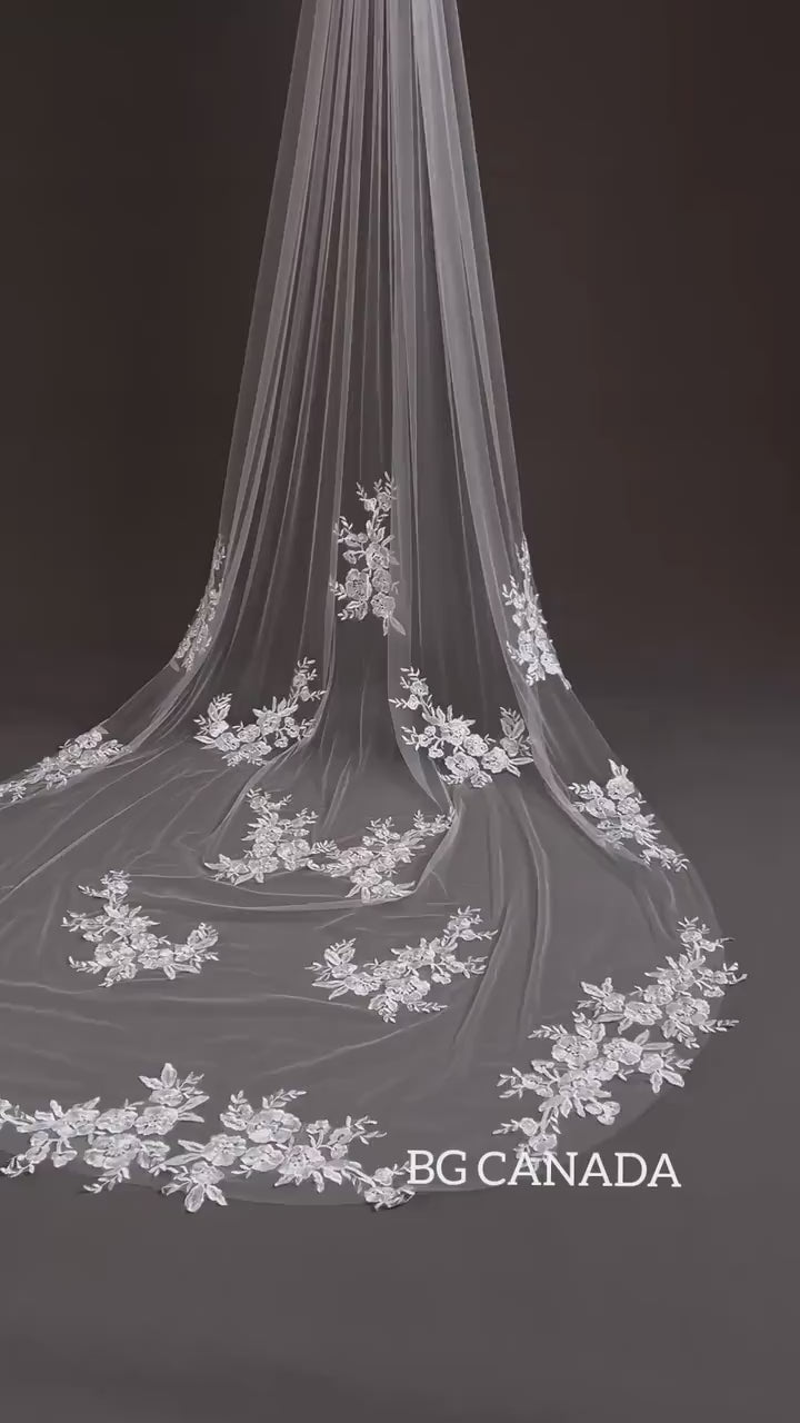 Chapel veil Scattered Floral Lace Cathedral length Veil illusion Bridal Tulle wedding veil with flower lace , White/Off White/Ivory