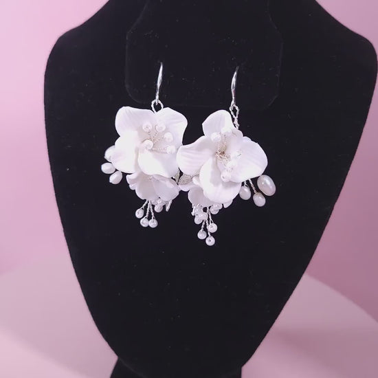 Ceramic flower earrings floral wedding earrings pearl earrings