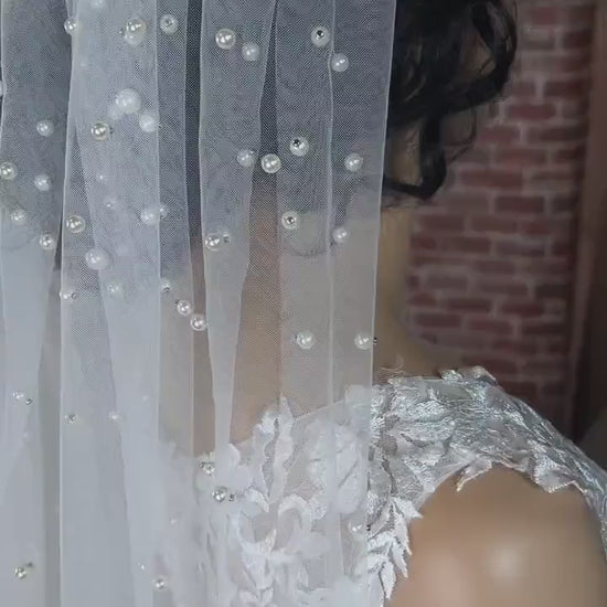 Wedding Veil rose flower veil Cathedral Bridal Tulle, Pearl Cluster beaded veil
