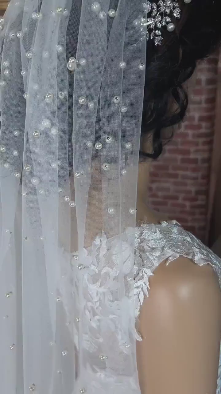 Wedding Veil rose flower veil Cathedral Bridal Tulle, Pearl Cluster beaded veil
